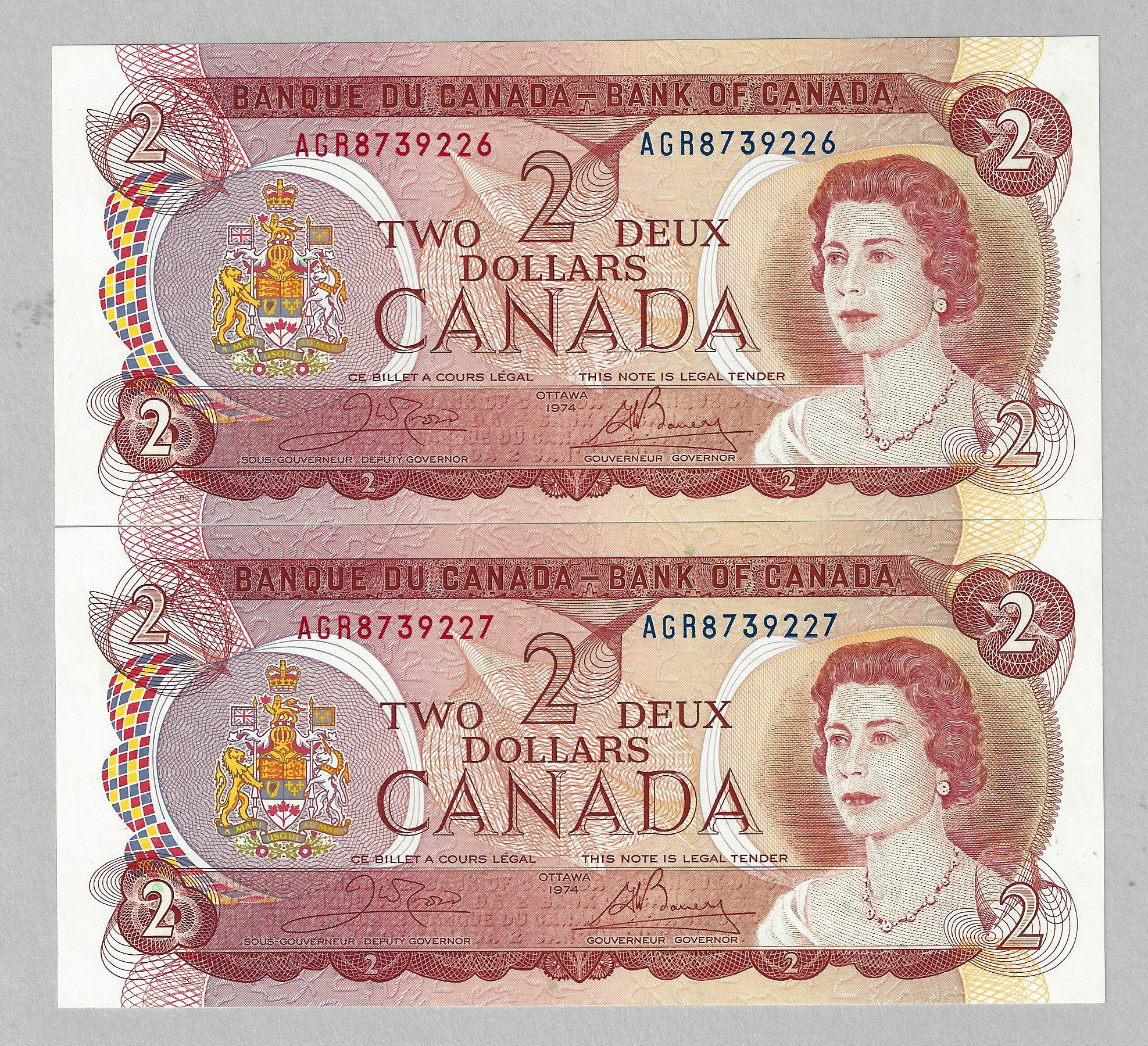 1974 $2 2 Consecutive Bank of Canada Note Crow-Bouey Prefix