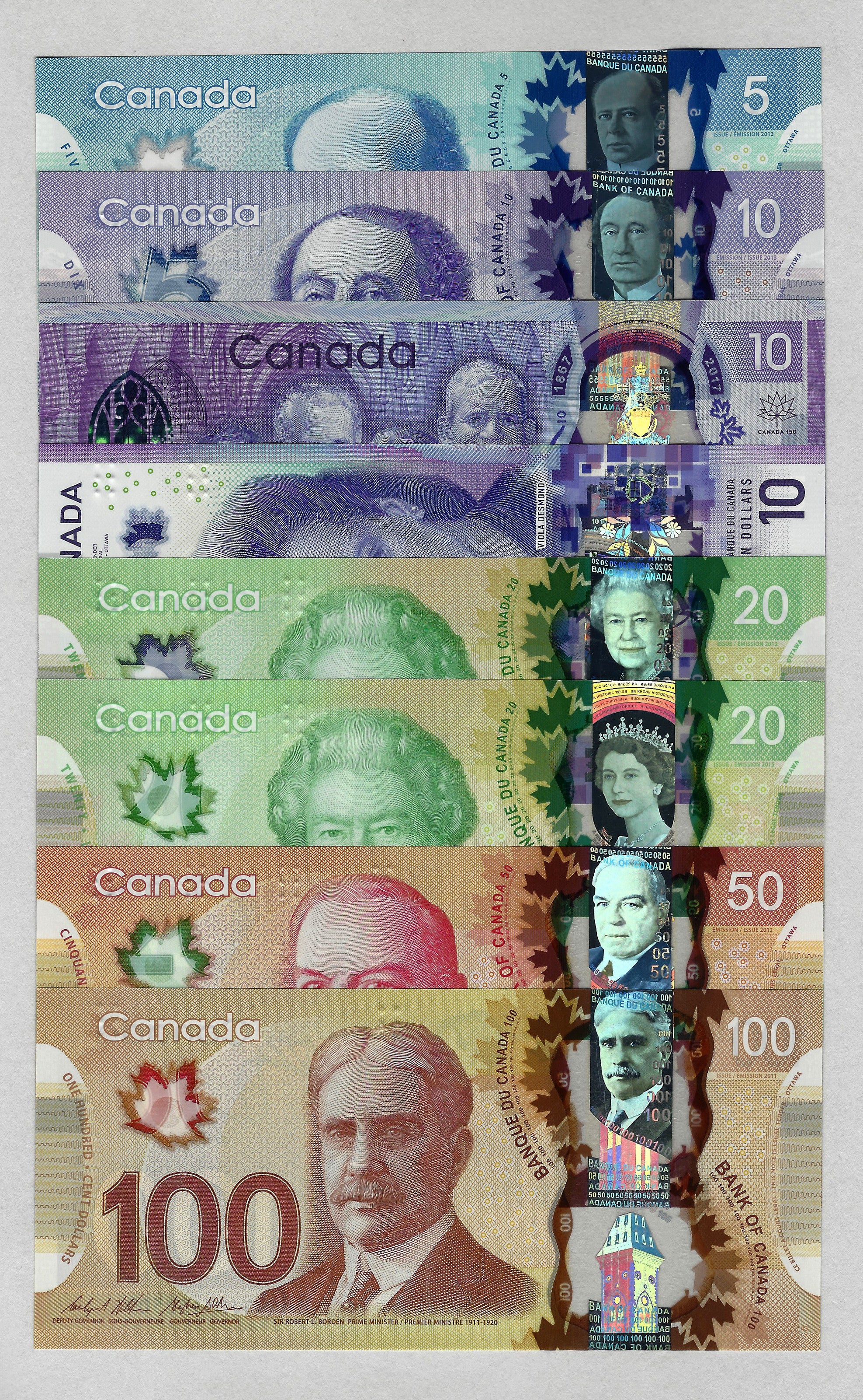 2012 To 2018 Canada Set Of 8 Variety Bank note Polymer $5,$10