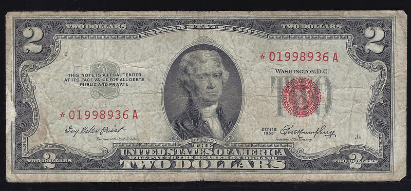 1953 Star USA $2 Two Dollar Bill Star Series (A) Red Seal Number *02459589A (VG-F)