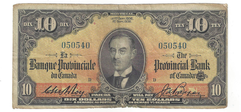 1936 $10 Provincial Bank Of Canada Orange Black 050540 Split 615-18-06 (F/VF)