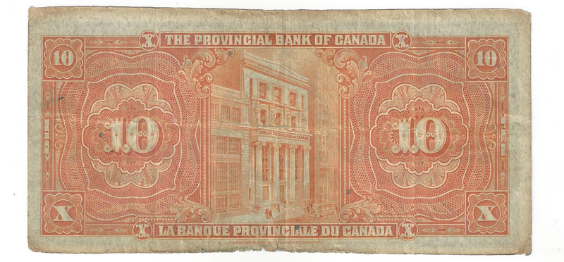 1936 $10 Provincial Bank Of Canada Orange Black 050540 Split 615-18-06 (F/VF)
