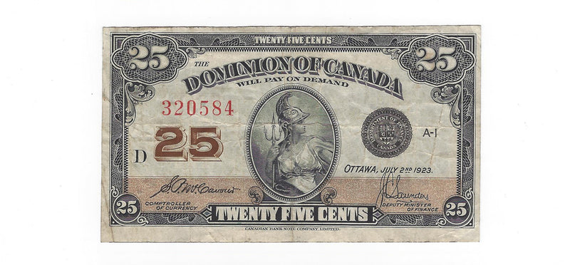 1923 Canada 25 Cents Shinplaster Dominion Of Canada  McCavour-Saunders, DC-24c (F/VF)
