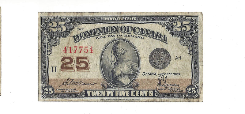 1923 Canada 25 Cents Shinplaster Dominion Of Canada  McCavour-Saunders, DC-24c (VG/F)