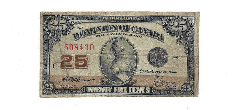 1923 Canada 25 Cents Shinplaster Dominion Of Canada  McCavour-Saunders, DC-24c (VG/F)