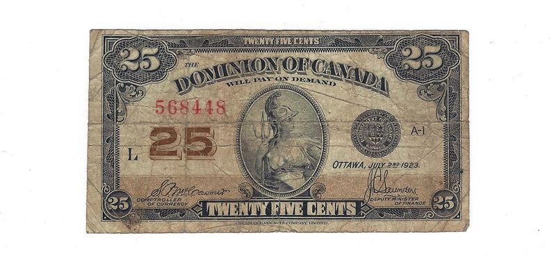 1923 Canada 25 Cents Shinplaster Dominion Of Canada  McCavour-Saunders, DC-24c (F)