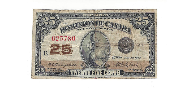 1923 Canada 25 Cents Shinplaster Dominion Of Canada  Campbell-Clark, DC-24d (F)