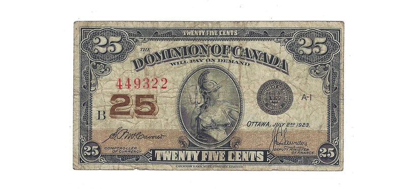 1923 Canada 25 Cents Shinplaster Dominion Of Canada  McCavour-Saunders, DC-24c (VG/F)