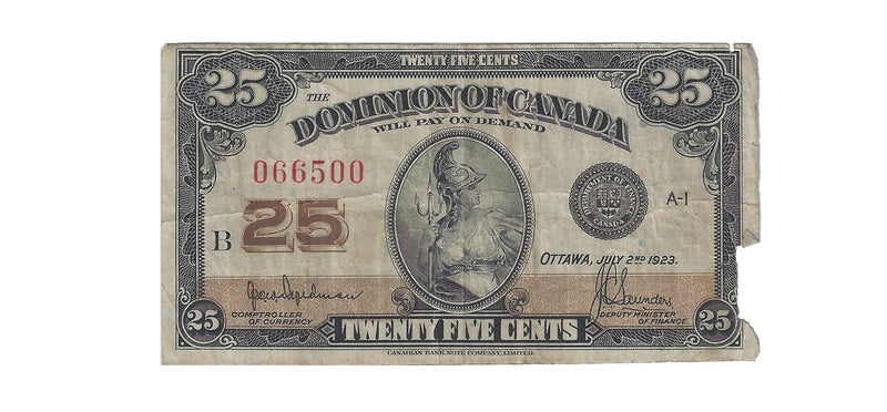 1923 Canada 25 Cents Shinplaster Dominion Of Canada  Hyndman-Saunders, DC-24b (F) Damage