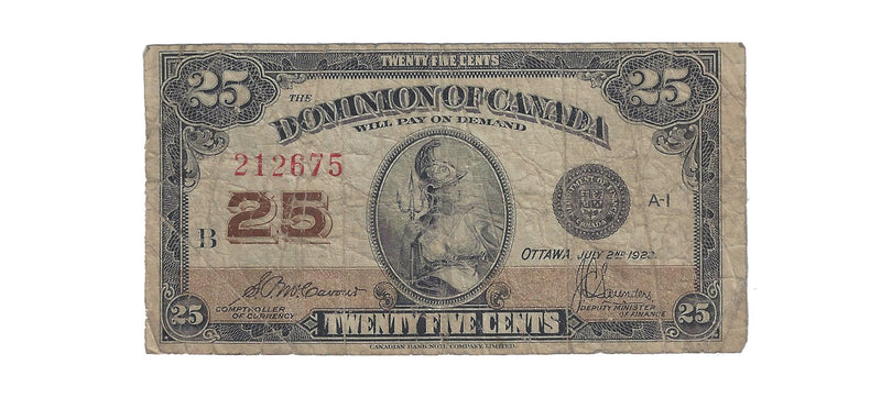 1923 Canada 25 Cents Shinplaster Dominion Of Canada  McCavour-Saunders, DC-24c (VG)