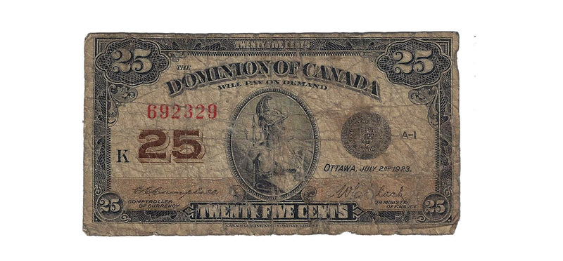 1923 Canada 25 Cents Shinplaster Dominion Of Canada  Campbell-Clark, DC-24d (Good)