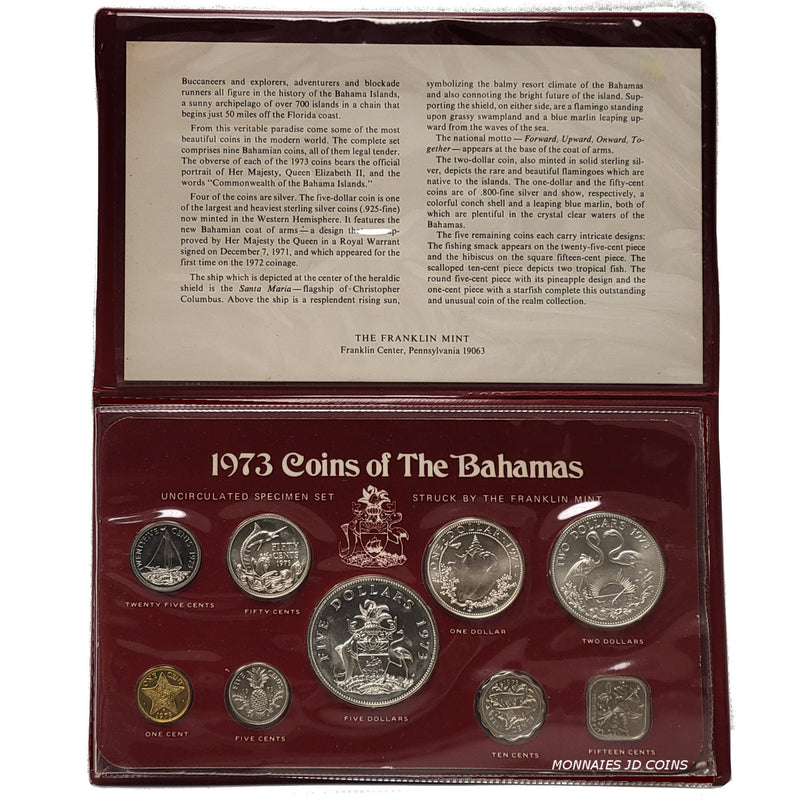 1973 Barbados Specimen Set Silver 9 Coin Collector .925 Sterling Silver FRANKLIN MINT