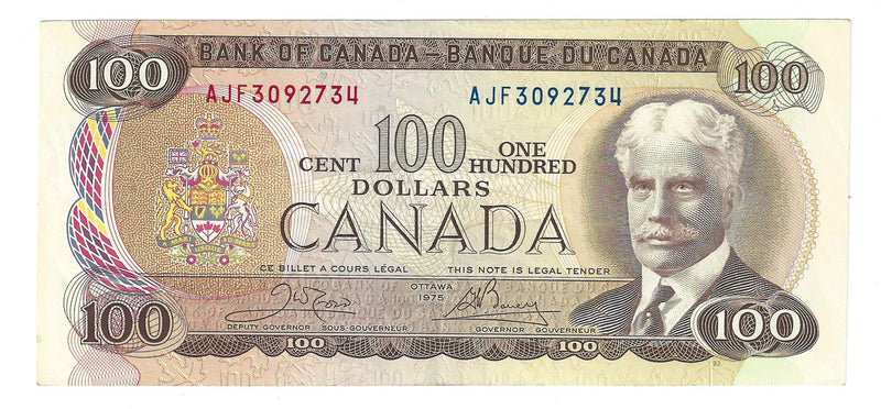1975 Canada $100 Banknote Crow-Bouey, AJF, BC-52b Almost UNC