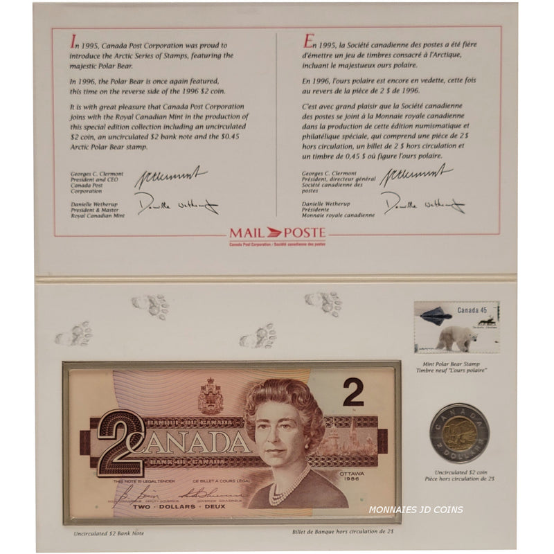 1996 Canada $2 Uncirculated Coin, Bank Note & Stamp Set