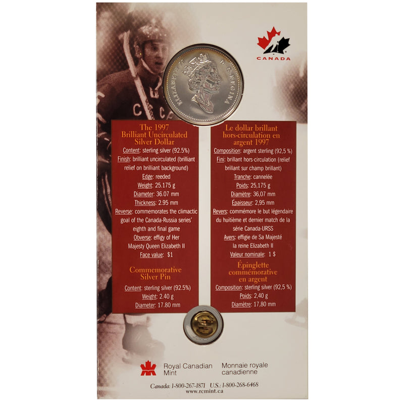 1997 Canada  Canada/Russia Hockey Series Commemorative Sterling Silver Dollar And Pin Set And Pin Set Silver