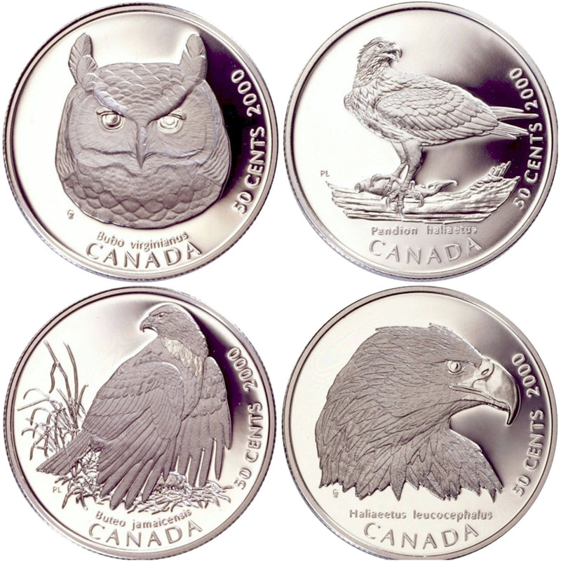 2000 Canada 50 Cents Canadian Birds Of Prey Sterling Silver 4-Coins Set