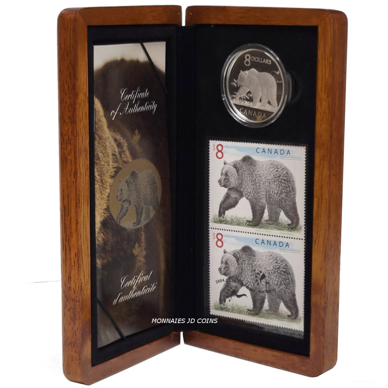 2004 Canada $8 Canadian Wildlife Series The Great Grizzly Fine Silver Coin & Stamps