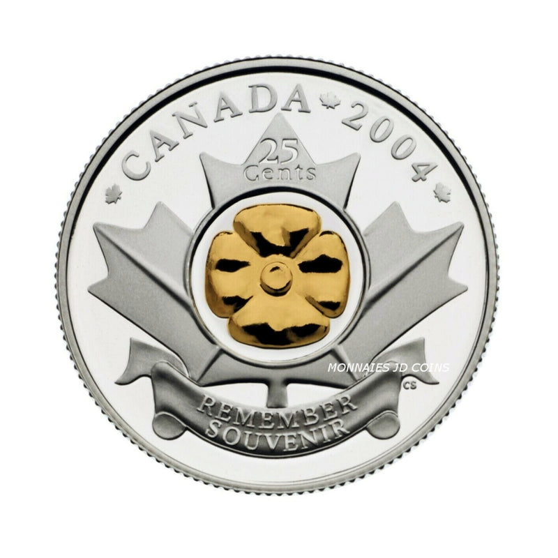 2004P Canada 25 Cents Poppy Sterling Silver & Gold Plated Proof Coin