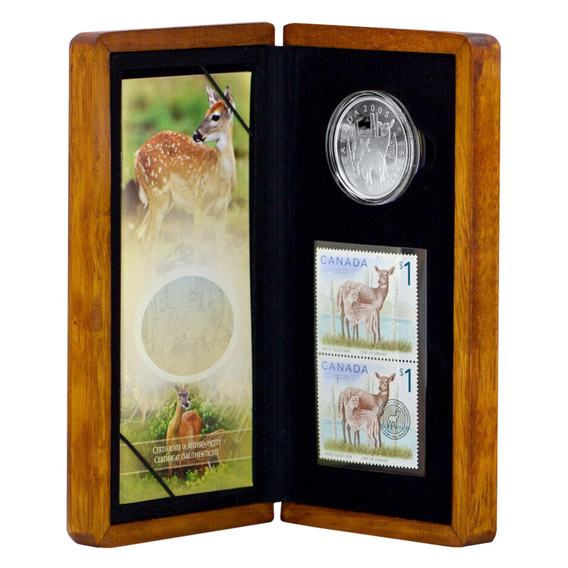 2005 Canada $5 Canadian Wildlife Series White Tailed Deer & Fawn Fine Silver Coin & Stamps