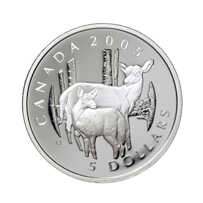 2005 Canada $5 Canadian Wildlife Series White Tailed Deer & Fawn Fine Silver Coin & Stamps