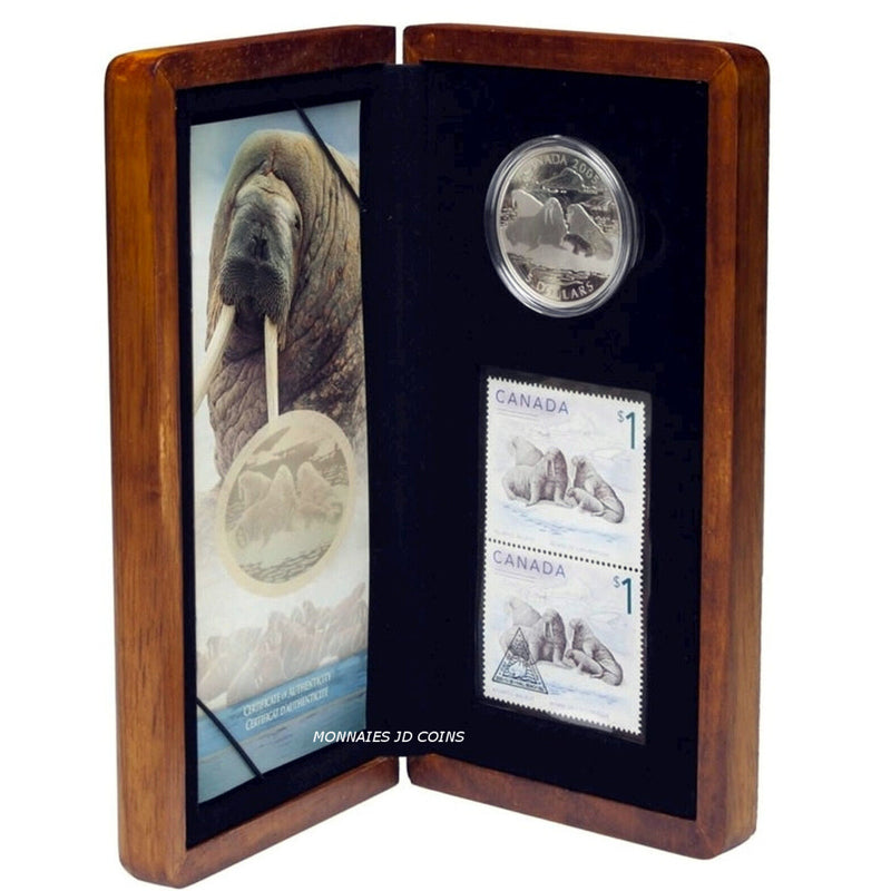 2005 Canada $5 Canadian Wildlife Series The Atlantic Walrus And Calf Fine Silver Coin & Stamps