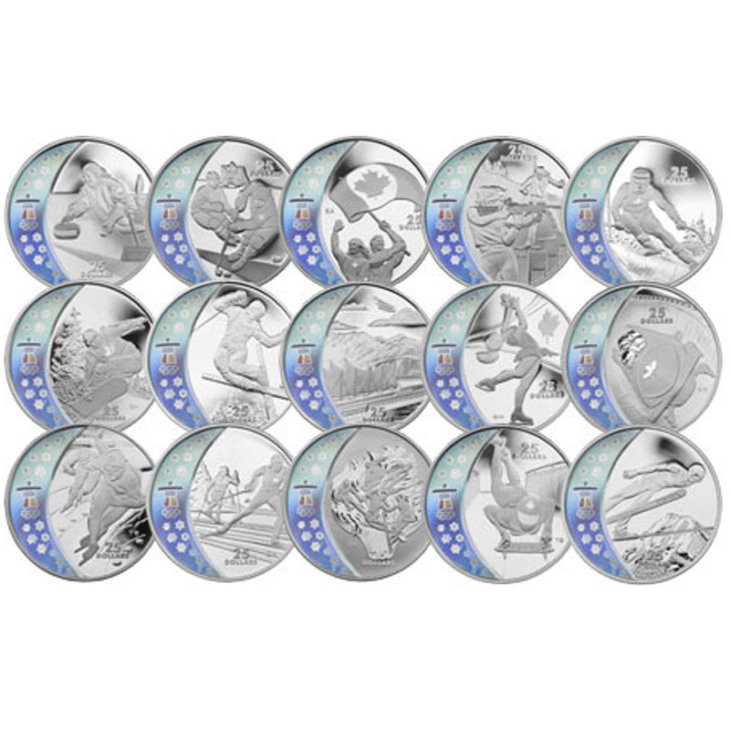 2010 Canada $25 Vancouver Olympic Winter Games 15 Sterling Silver Coins Set