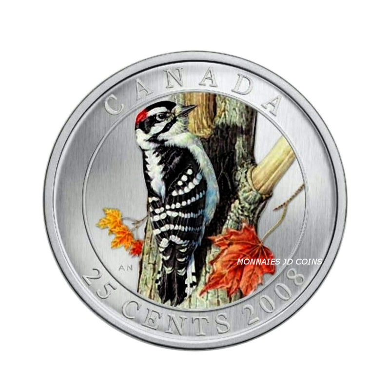 2008 Canada 25 Cents Coloured Coin Birds Of Canada Downy Woodpecker