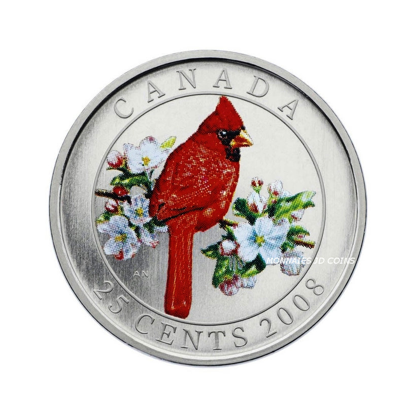 2008 Canada 25 Cents Coloured Coin Birds Of Canada Northern Cardinal