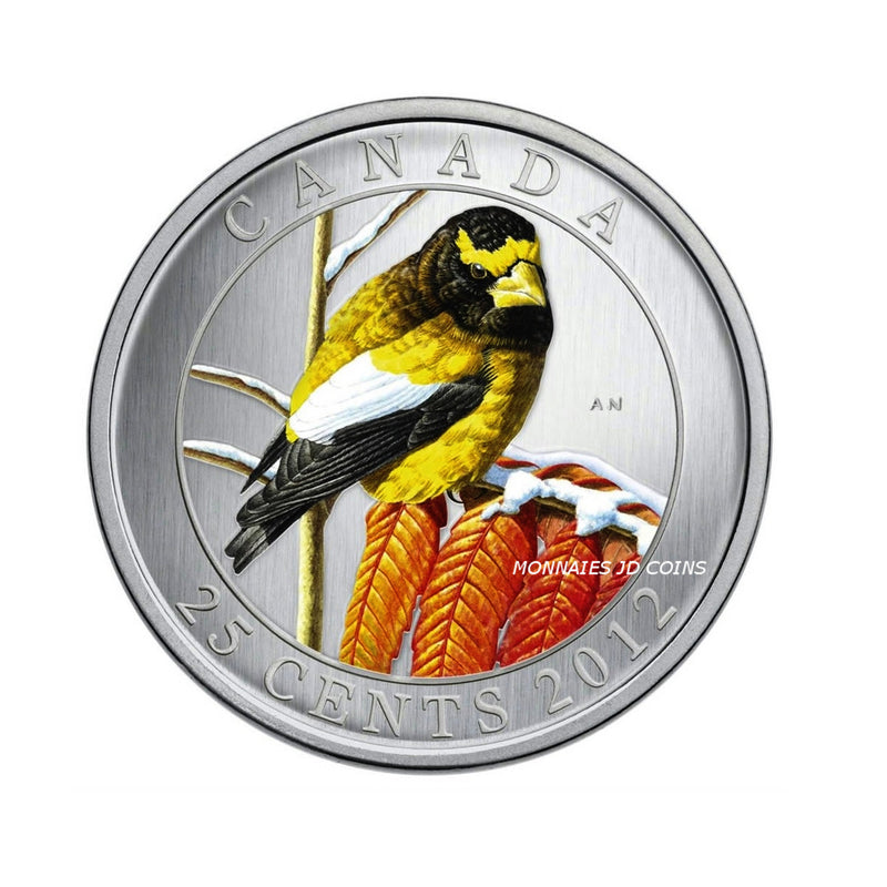 2012 Canada 25 Cents Coloured Coin Birds Of Canada Evening Grosbeak