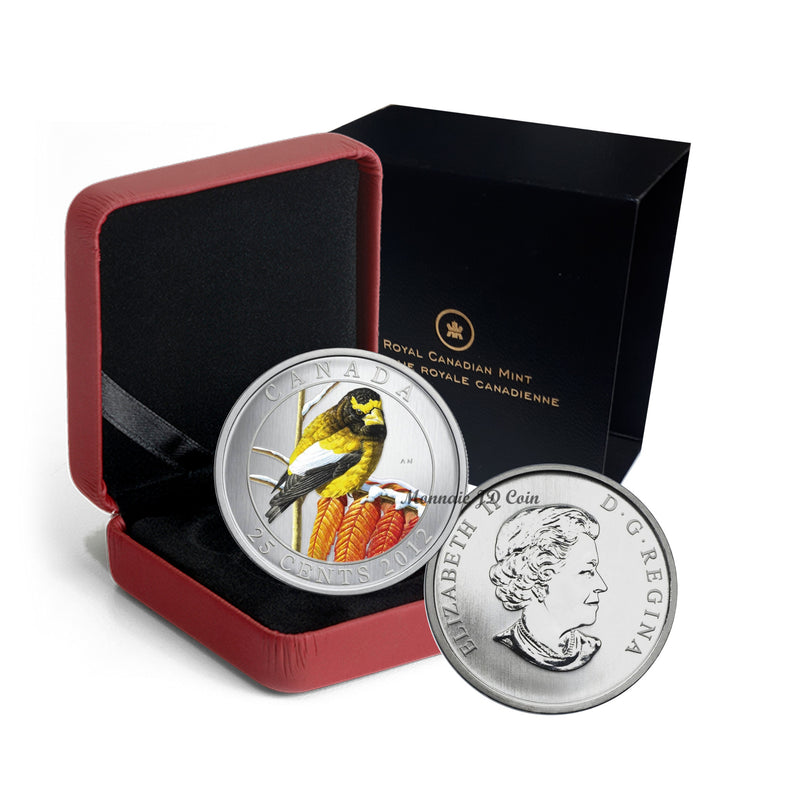 2012 Canada 25 Cents Coloured Coin Birds Of Canada Evening Grosbeak