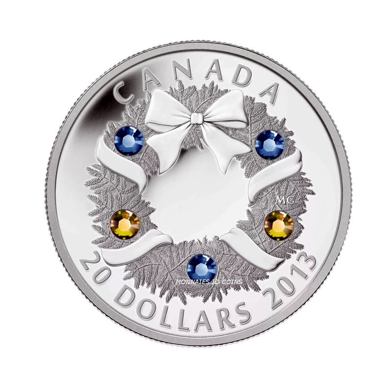 2013 Canada $20 Coin Holiday Wreath With Crystals Pure Silver (No Tax)