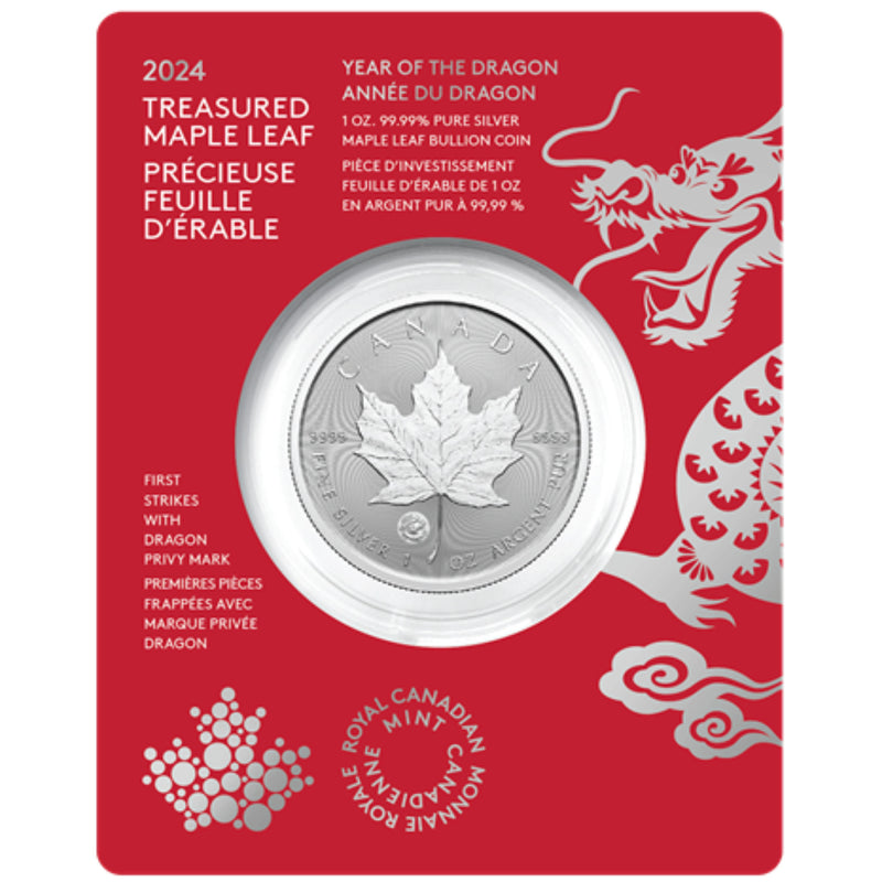 2024 Canada $5 Treasured Silver Maple Leaf First Strikes Year of the Dragon Privy Mark 1 oz. 99.99% Pure Silver Coin (Premium Bullion) (no Tax)