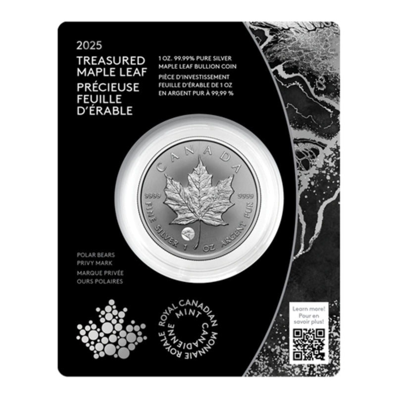 2025 Canada $5 Treasured Silver Maple Leaf  Privy Mark Polar Bears 1 oz. Pure Silver Coin (Premium Bullion) (No Tax)