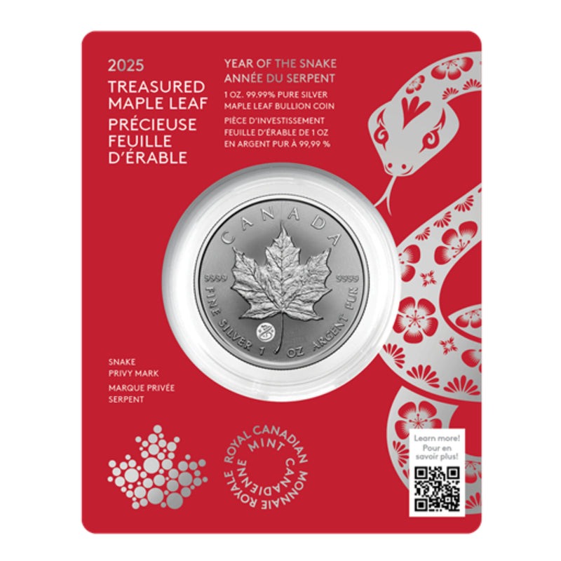 2025 Canada $5 Treasured Silver Maple Leaf Year of the Snake Privy Mark -1 oz. Pure Silver Coin (Premium Bullion) (No Tax)