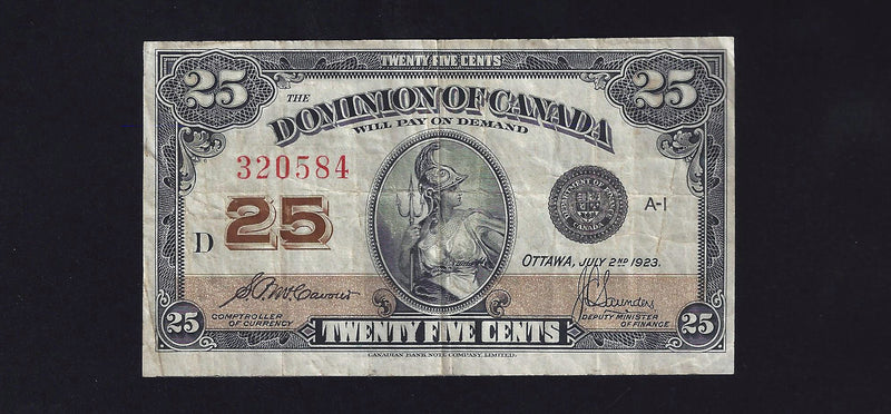 1923 Canada 25 Cents Dominion Of Canada Bank Note McCavour-Saunders 320584 DC-24c (VF)