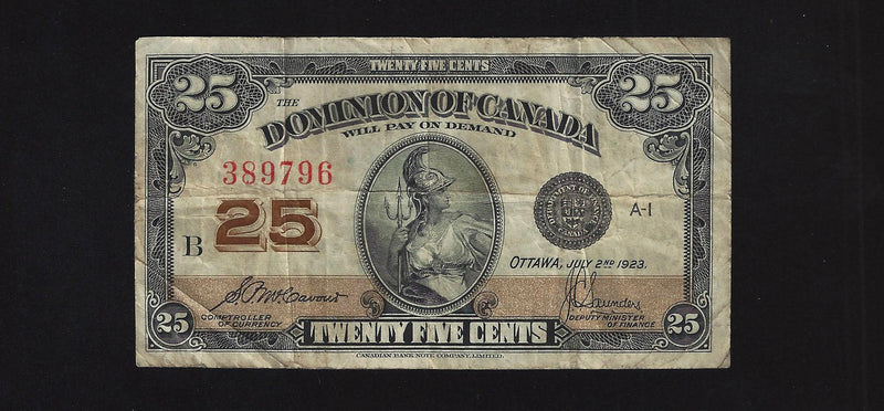 1923 Canada 25 Cents Dominion Of Canada Bank Note McCavour-Saunders  DC-24c (Fine)