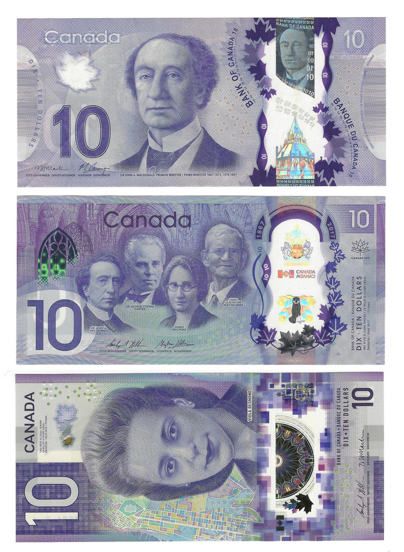 2013 To 2018 Canada Banknote Set Of 3 Variety  Polymer $10 (CH/UNC)