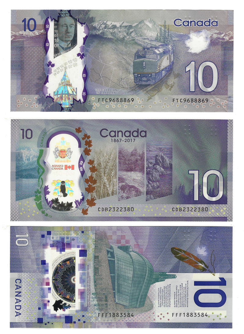 2013 To 2018 Canada Banknote Set Of 3 Variety  Polymer $10 (CH/UNC)