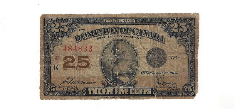 1923 Canada 25 Cents Dominion Of Canada Bank Note McCavour-Saunders  DC-24c (Good)
