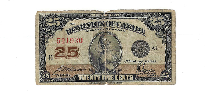 1923 Canada 25 Cents Dominion Of Canada Bank Note McCavour-Saunders  DC-24c (Circ.)