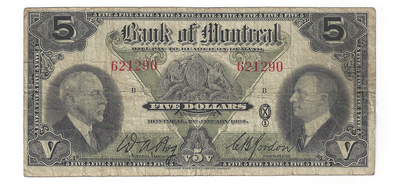 1935 $5 Bank Of Montreal Canada Chartered Note, 621290 Split 505-60-02 (F)
