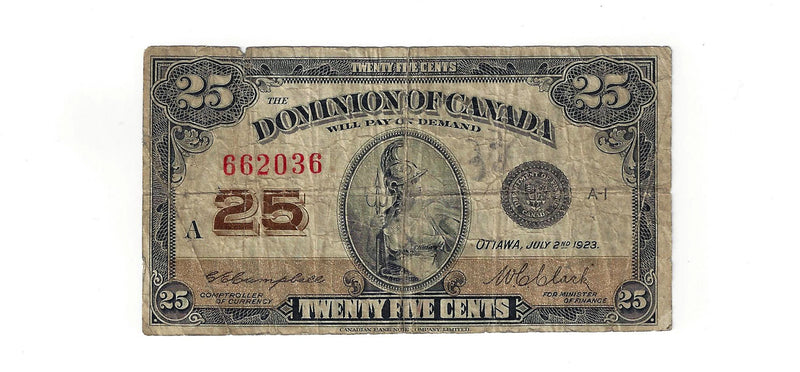 1923 Canada 25 Cents Dominion Of Canada Bank Note Cambell-Clark  DC-24d (VG)