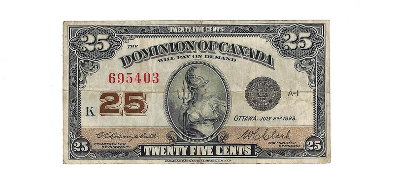1923 Canada 25 Cents Dominion Of Canada Bank Note Cambell-Clark  DC-24d (VF)