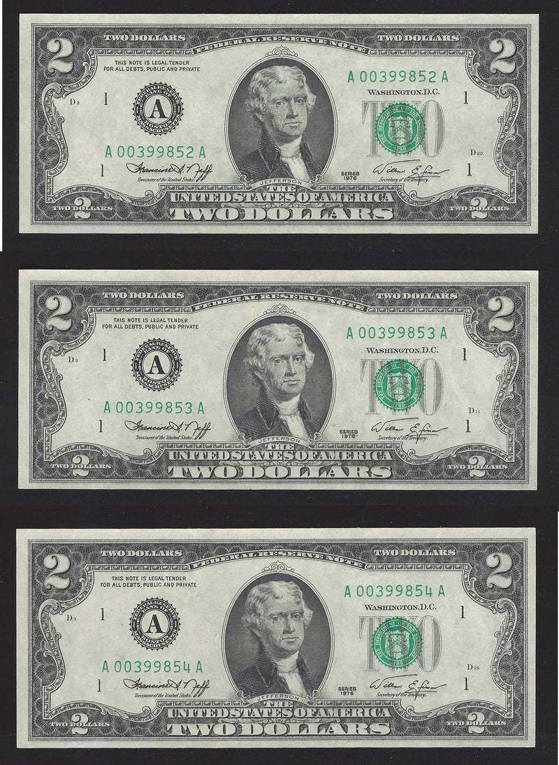 1976 3 Sequential Number USA $2 Two Dollar Bill Series (A) Green Seal (UNC)