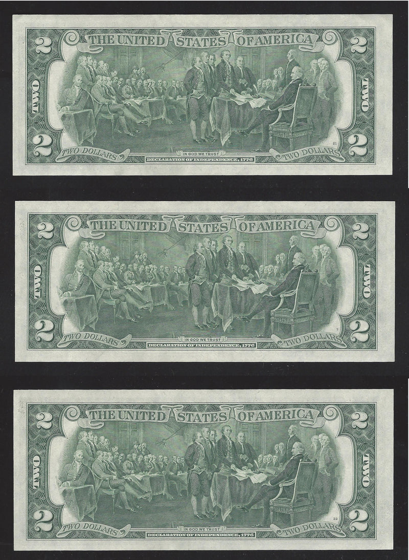 1976 3 Sequential Number USA $2 Two Dollar Bill Series (A) Green Seal (UNC)