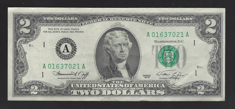 1976 USA $2 Two Dollar Bill Series (A) Green Seal Number A01637021A (AU)