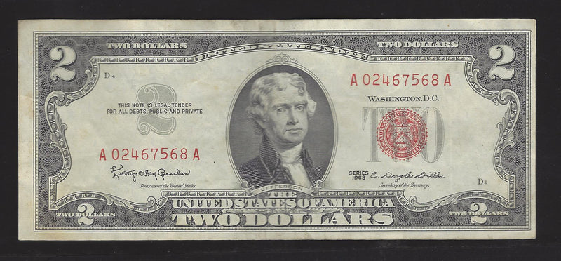 1953 USA $2 Two Dollar Bill Series (A) Red Seal Number A02467568A (VF)