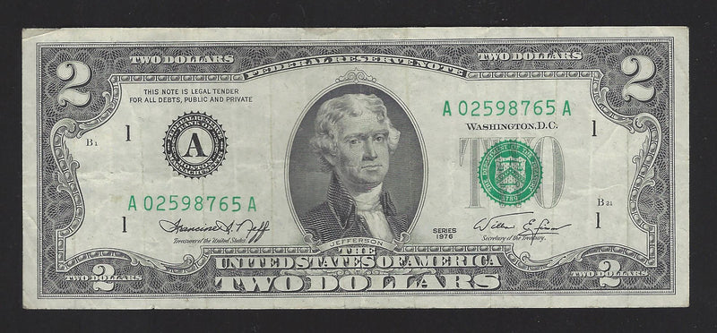 1976 USA $2 Two Dollar Bill Series (A) Green Seal Number A02598765A (VF)