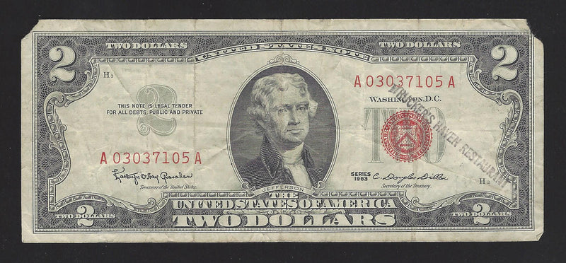 1963 USA $2 Two Dollar Bill Series (A) Red Seal Number A55832658A (VG) Damage