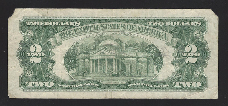 1963 USA $2 Two Dollar Bill Series (A) Red Seal Number A55832658A (VG) Damage