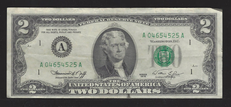 1976 USA $2 Two Dollar Bill Series (A) Green Seal Number A04654525A (VF)